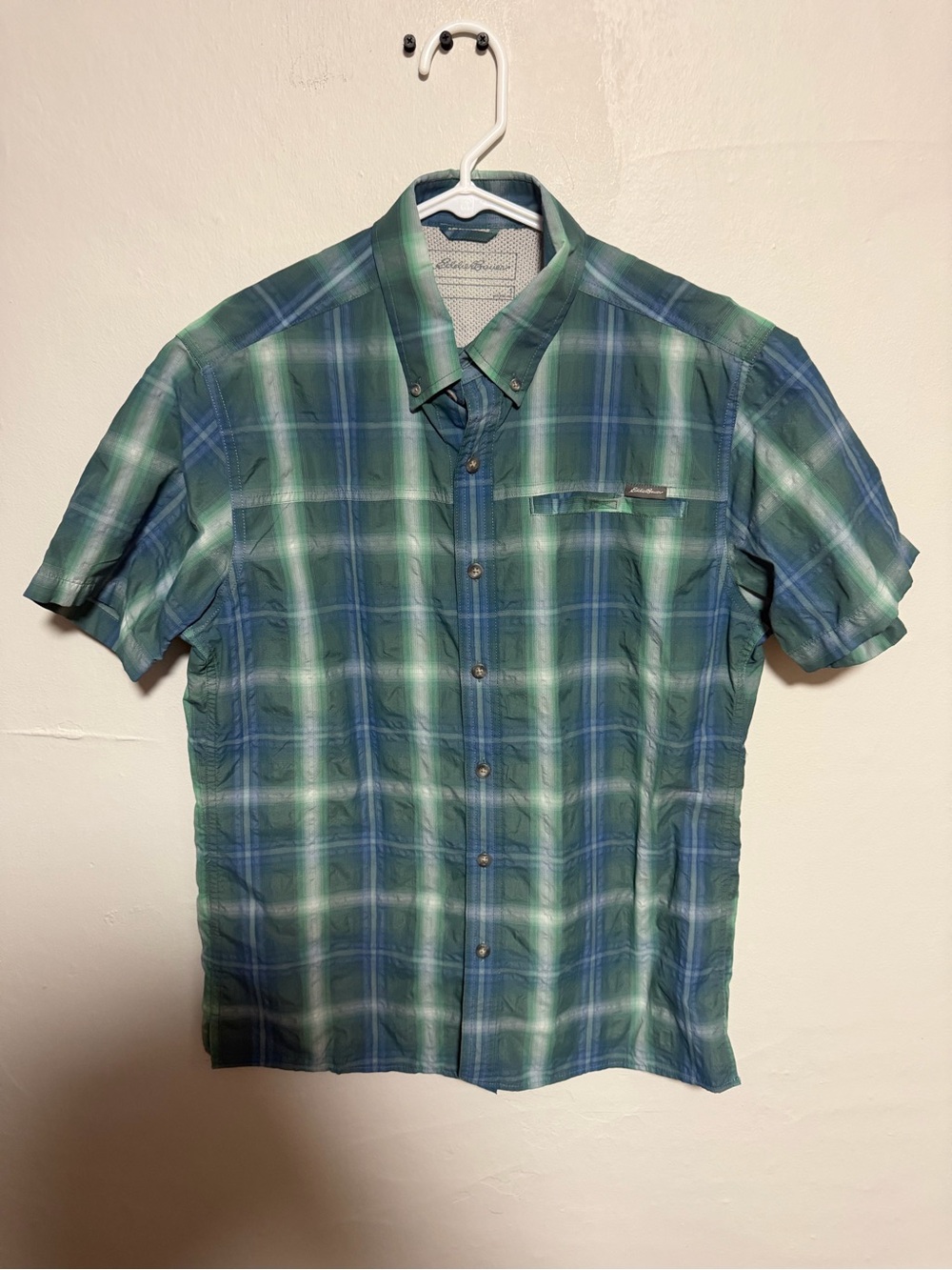Eddie Bauer Blue and Green Plaid Short-Sleeve Button-Down Shirt